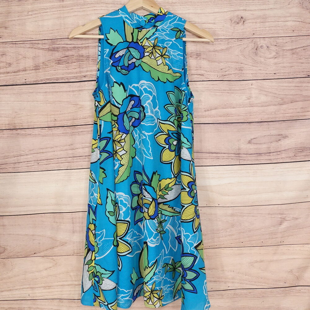 NWT KAARI BLUE TURQUOIS FLORAL STENCIL LEAVES SLEEVELESS FLORAL DRESS WOMENS XS